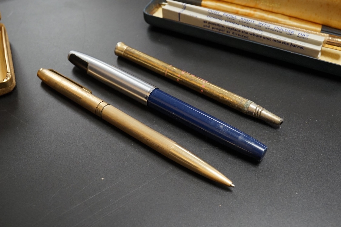 Four assorted cased Waterman pens, elven other assorted pens including Scheaffer and Parker and an engine turned silver pen.